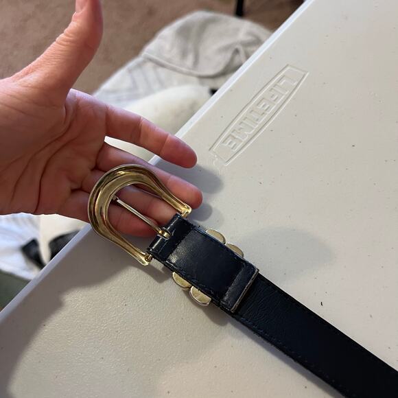 Vintage 90s USA Made Blue Black Genuine Leather Double Gold Buckle Belt Size XL - Picture 10 of 12